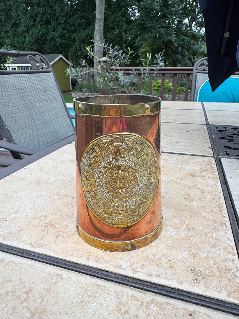 Copper and Brass Decorative Tankard with Aztec /Mayan Medallion